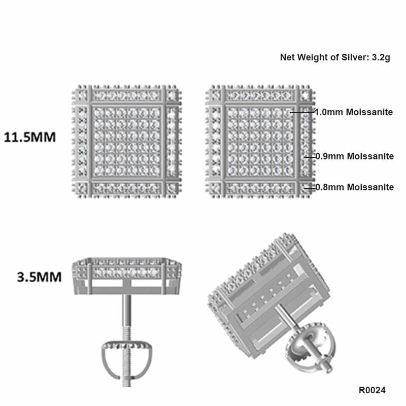 Square Shape Lattice Design Moissanite Stud Earring