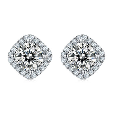 Square Shape Round Moissanite Stud Earring with Tiny Diamond Around