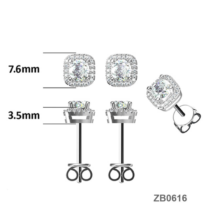 Square Shape Round Moissanite Stud Earring with Tiny Diamond Around