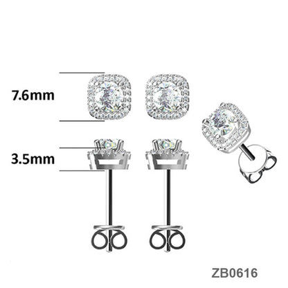 Square Shape Round Moissanite Stud Earring with Tiny Diamond Around