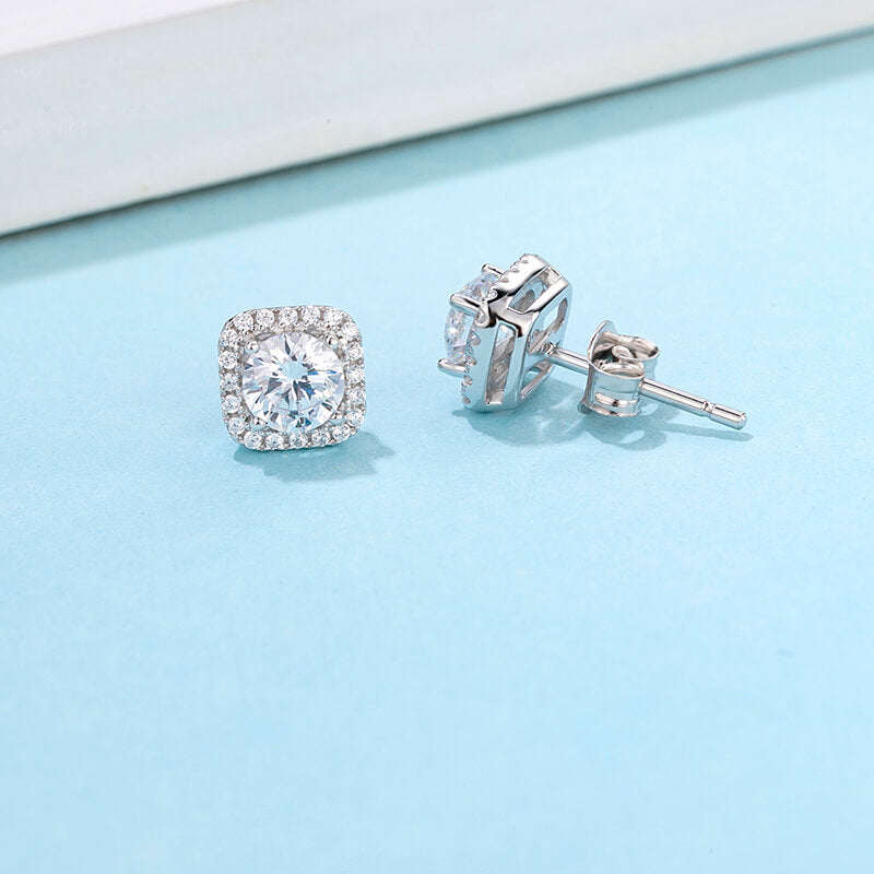 Square Shape Round Moissanite Stud Earring with Tiny Diamond Around